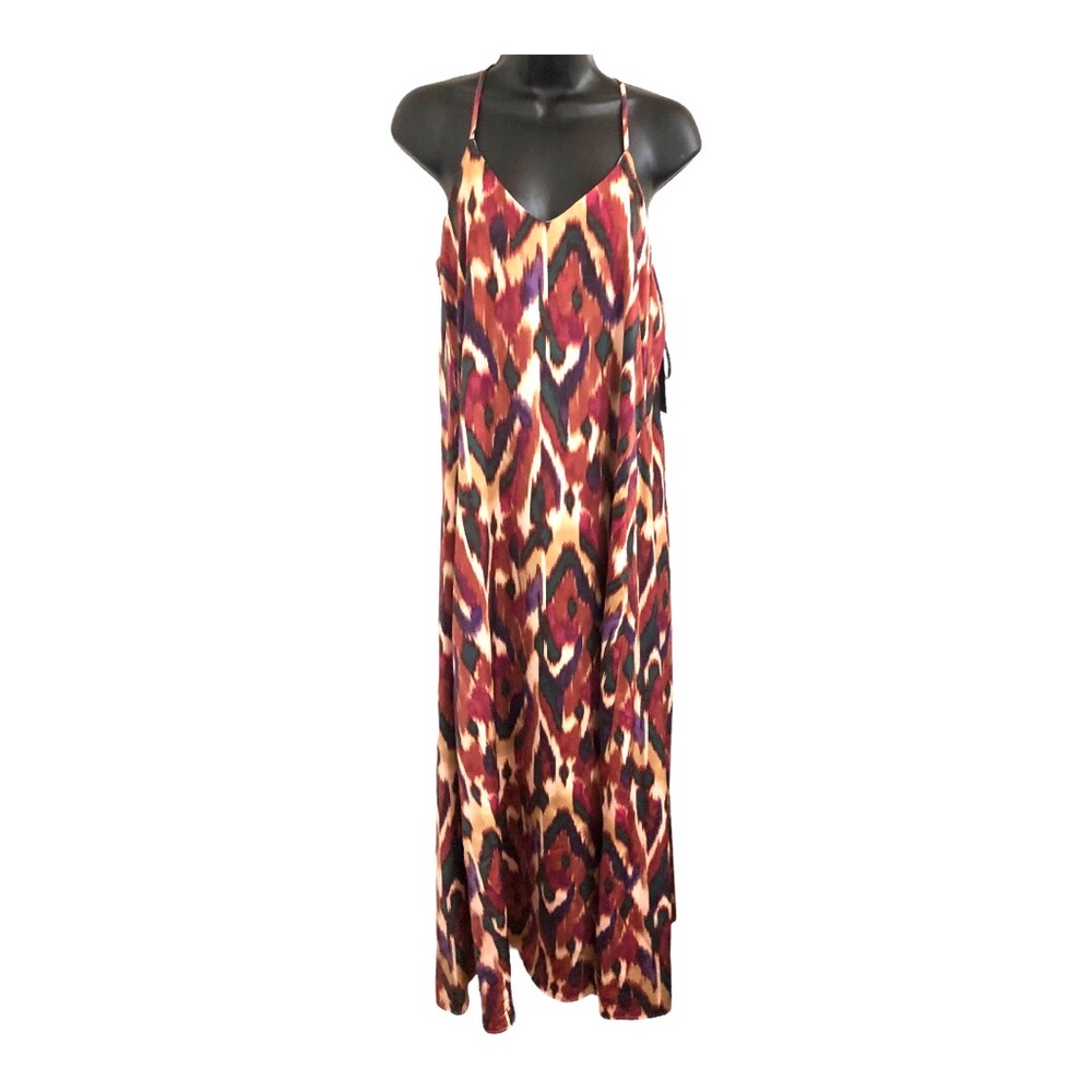 Nicole Miller brown gold ikat style v-neck satin effect maxi dress size small - Picture 11 of 13